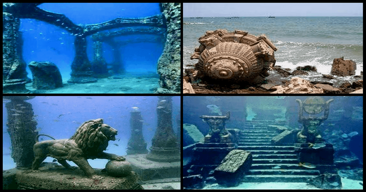 Underwater ruins at the Dwarka archaeological site — pillars, carved stonework, and a submerged lion sculpture