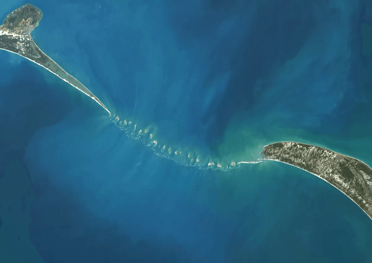 Satellite imagery of Ram Setu, a 48-kilometer chain of limestone shoals, alongside a traditional painting of Lord Rama's army building the bridge