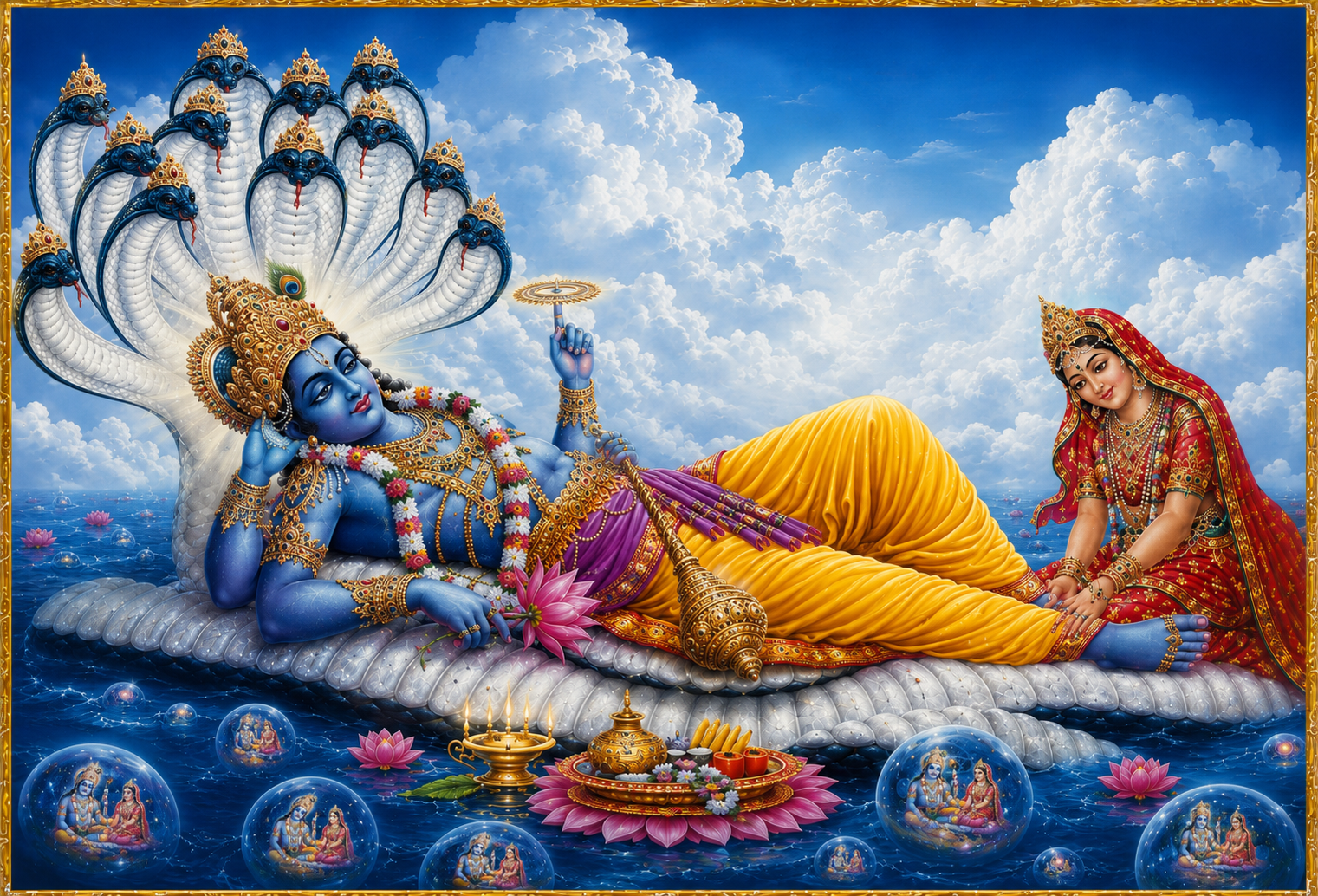 Lord Vishnu reclining on Sheshanaga with Goddess Lakshmi at his feet, floating on the cosmic ocean